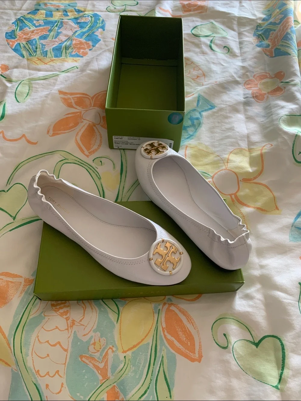 Tory Burch White Leather Logo Ballet Flats with Gold Emblem color gardenia